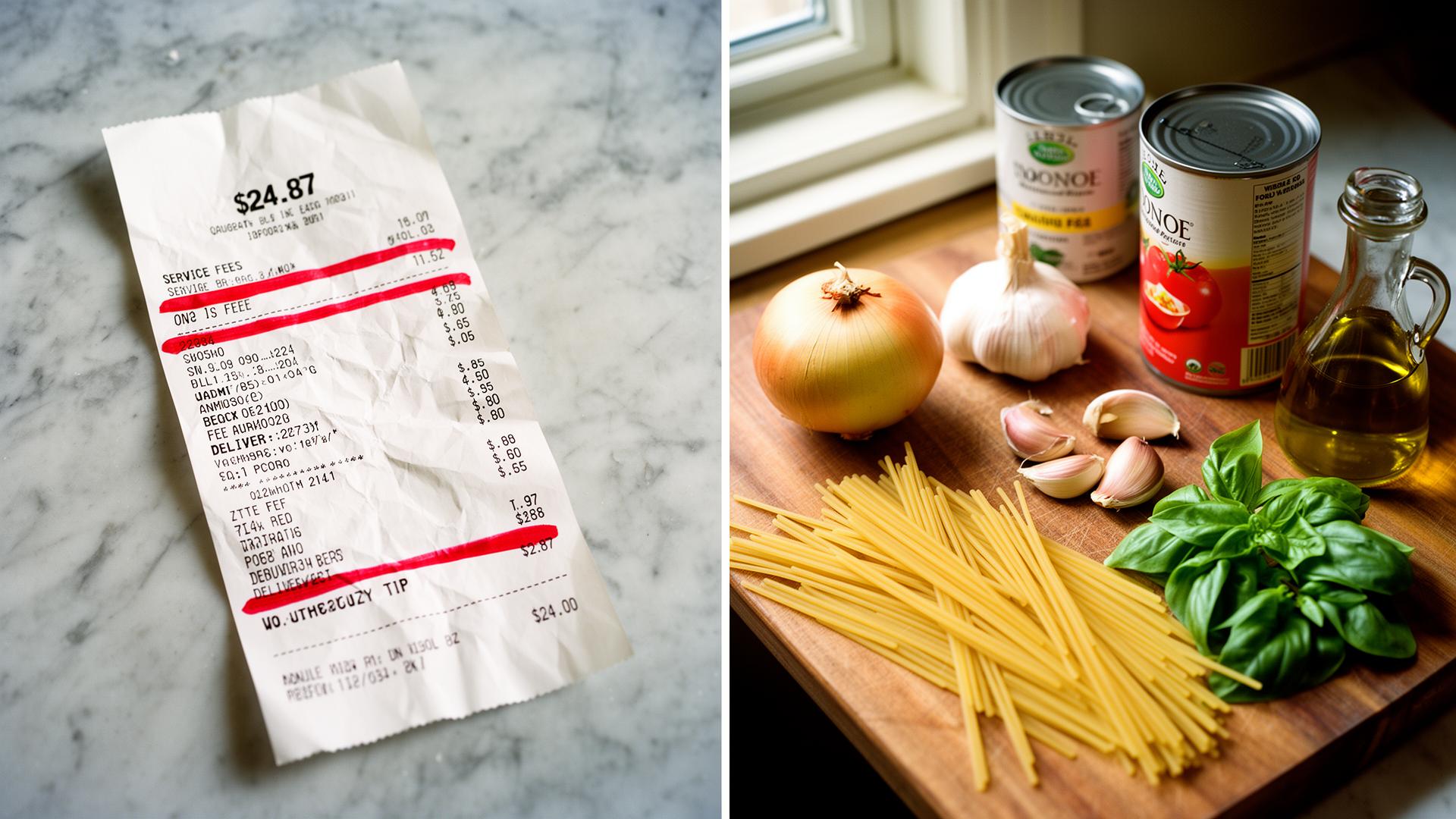 A $24.87 delivery receipt next to a flat-lay of onions, garlic, canned tomatoes, pasta, and basil.