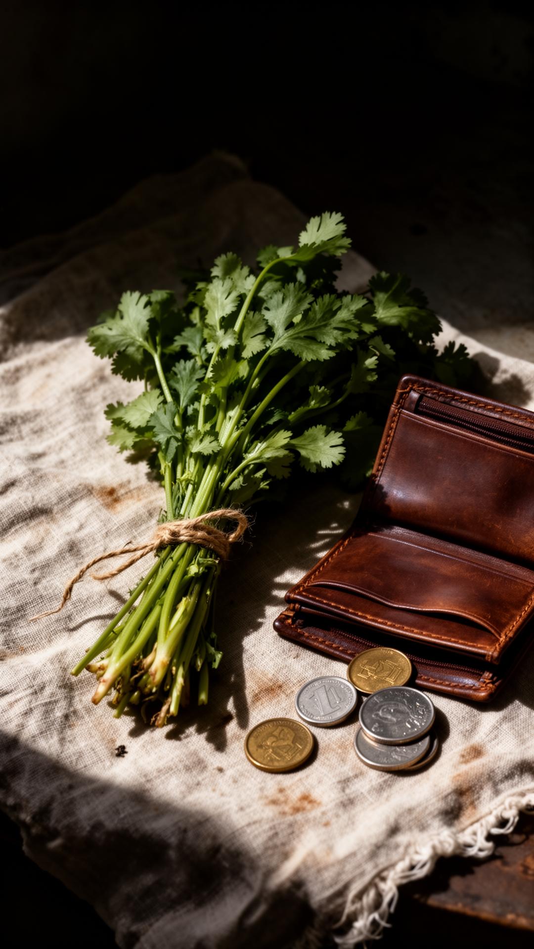 A bunch of wilting cilantro tied with twine, beside an open empty wallet and a few coins.